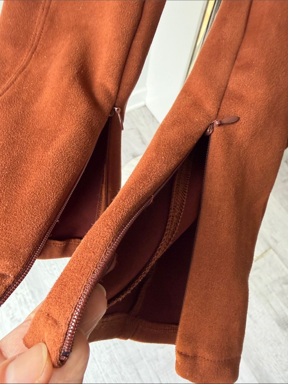 Anthropologie Rust Faux Suede Ponte Pants/Leggings with Ankle Zippers, Size 28. - Picture 6 of 16
